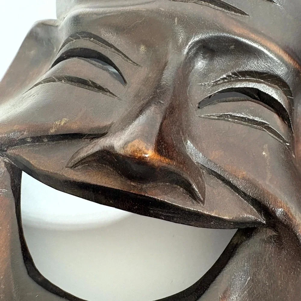 2 Vintage Hand Carved Wood Comedy Tragedy Drama Masks Natural Varnished Wall Art